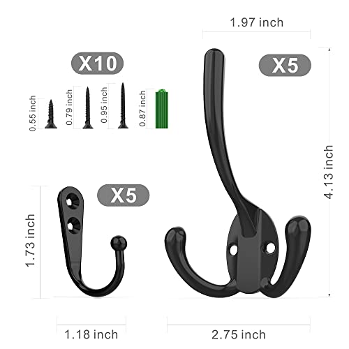 ZAYBOD 10 Pack Heavy Duty Wall Mounted Black Coat Hooks with 30 Screws, mudroom Hooks, Backpack Hooks, Robe Hooks, Hat Hook(Two Types of Hooks + threeTypes of Screws Included)