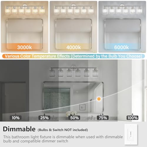 6 Light Bathroom Light Fixtures, Modern Crystal Vanity Lights over Mirror | Metal Frame, Bathroom Light with Square Crystal Shade, ETL Certified, E26 Ceramic Socket, Bulbs Not Included - color: Brushed Nickel, size: 6-Light
