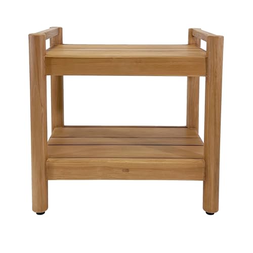 Asta Select Solid Teak 20" Shower Bench with Arms, Portable Teak Wood Spa/Shower/Outdoor Bench with Storage Shelf, Accent Side Table, Fully Assembled, ST-61A