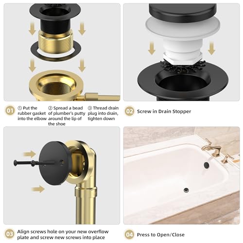 Tip-Toe Bathtub Drain Kit with Hair Catcher, Matte Black | 2-Hole Overflow Faceplate, Solid Brass, 5-Layer Plated, Fits 1.5"/1.75" Drains, For Bathroom Remodel, Matches Fixtures - color: Matte Black