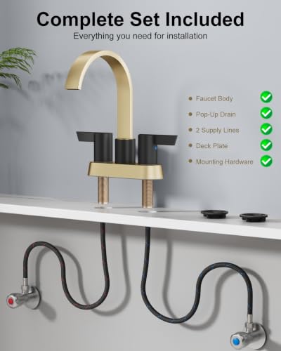 Gold and Black Bathroom Faucet,4 Inch Centerset 2-Handle Waterfall | Includes Pop-Up Drain,24-Inch Supply Lines,Mounting Hardware,SUS304 Stainless Steel Construction,And A 360° Swivel Spout - color: Gold and Black