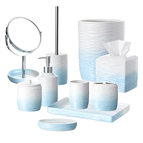 Bathroom Accessories Set, 5-Piece Ceramic Bath Accessory Complete Set with Lotion Dispenser/Soap Pump, Cotton Jar, Soap Dish, Tumbler and Toothbrush Holder (Blue and White Gradient)