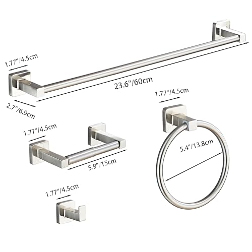Brushed Nickel Bathroom Hardware Set 4 Pieces,Bathroom Accessories Set Stainless Steel Wall Mounted, Hand Towel Bar, Towel Ring, Robe Towel Hooks,Toilet Paper Holder,Towel Bar Set, 23.6 Inch - color: Brushed Nickel, size: 23.6Inch