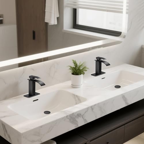 Bathroom Faucets Matte Black Waterfall Bathroom Sink Faucet 2 Pack | with Pop-up Drain & Deck,Supply Hoses,Single Handle Vanity Faucet,Stainless Steel,1 or 3 Hole,RV,Farmhouse Bathrooms - color: A-Matte Black x 2, style: Short