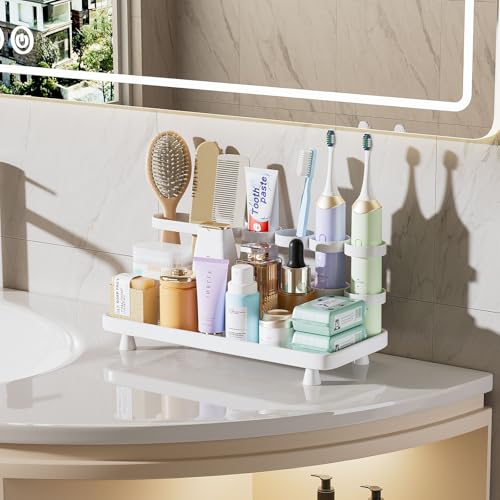 YOOLENS Electric Toothbrush Holder for Bathroom Countertop 5 Metal Slots Toothpaste Razor Mouthwash Organizer, White - color: White