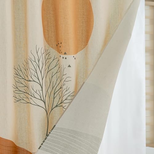 Orange Sun and Green Branch Linen Shower Curtain Set with Liner | Double Layer Shower Curtain Waterproof Fabric with Zippered Removable PEVA Liner,Boho Shower Curtain for Bathroom,Free Hooks - color: Landscape