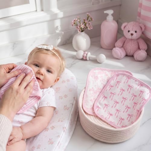 Irenare 3 Pack Pink Bow Baby Washcloths, Floral Striped Baby Soft Face Towels, Absorbent Knit Terry Wash Cloth for Girls, Gentle on Sensitive Skin Great for Bathing Wiping Shower Gift and Essential