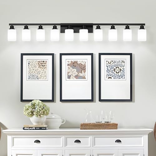 10-Light Bathroom Vanity Light,Modern Matte Black Bathroom Light Fixtures with Square Frosted Glass,64.5in Wall Sconces Over Mirror Restroom,Living Room Hallway E26 - color: Black, size: 10-Light