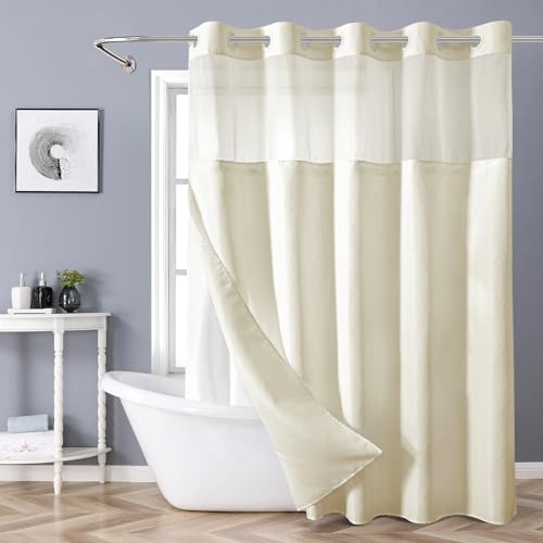 eachope Cream No Hook Shower Curtain with Snap-in Fabric Liner Set,Slub Textured Fabric Shower Curtains for Bathroom,Hotel Style Modern Shower Curtain,Water Repellent & Washable,71x74(72) | Hotel Style Fabric with See-Through Top Window, Water Repellent &