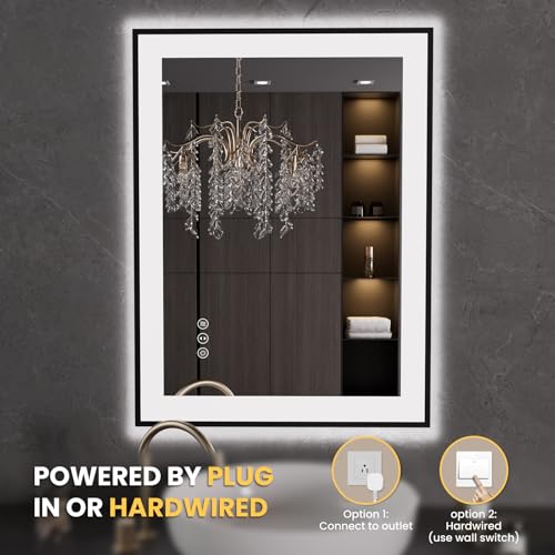 LOAAO 24"X32" LED Bathroom Mirror Black Framed | Anti-Fog, Dimmable, Memory Function, Tempered Glass, Lighted Vanity Mirror for Wall - size: 24"L x 32"W