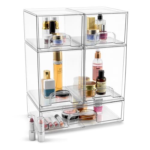 Sorbus Acrylic Storage Containers - 5 Pack, Stackable Storage Bins Set for Bathroom Organization - Clear Acrylic Drawer Organizers - Makeup Case Pull-Out Drawers (7.6’’ and 4.4’’ Tall and 12.1’’ Wide) - size: 5 Pack, Complete Set