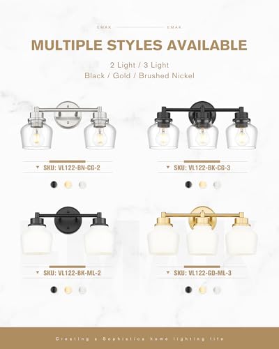 Emak 2-Light Vanity Lights, Brushed Nickel Bathroom Lights Over Mirror with Clear Glass Shade, Modern Bathroom Wall Sconces, VL122-BN-CG-2 - color: Brushed Nickel & Clear Glass, size: 2 Light