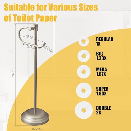 Toilet Paper Holder Floor Stand, Bathroom Freestanding Nickel | Toilet Tissue Roll Holder, Free Standing Rack with Storage, Weighted Base Accessories, SUS304 Stainless Steel Rustproof - color: Nickel