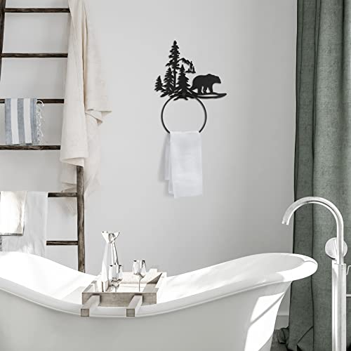 Funrous Bear Towel Holder for Bathroom Matte Black Metal Hand Towel Holder | Rustic Forest Bear Cub Decorative Bath, Toilet Wall Mounted Ring, Hanging Hand Cloth, Round Washcloth Rack Home Kitchen - style: Bear