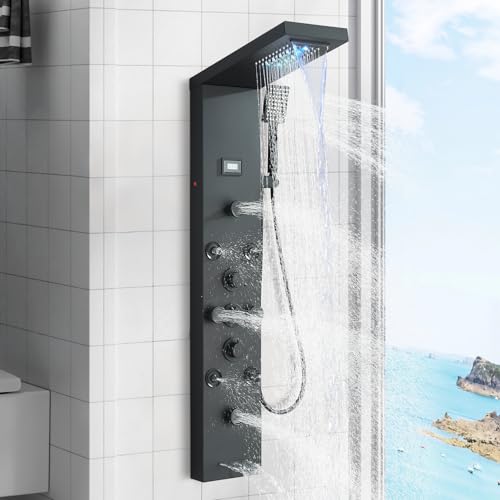 FUZ Shower Panel Tower System, Stainless Steel 6 IN 1 Shower Panel System with LED Fancy Rain Shower Head and Handheld, Adujstable Rainfall Massage Body Jets and Tub Spout, Matte Black Shower Tower - color: Black, style: 8109-B