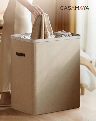 CASAMAYA Laundry Basket with Lid, Laundry Hamper 3 Section, 190L collapsible Laundry Organizer, Easy Assembly, with Handles and Removable Liners, 25.2 x 15.7 x 29.5 Inches, Beige JSP904M - color: Beige, size: 190L(3-Section)