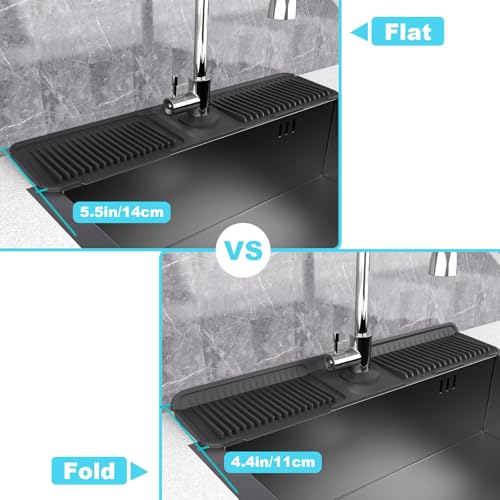 Folding faucet mat for kitchen sink-sink splash guard behind faucet-silicone kitchen faucet mat-faucet draining mat of sink accessories with button lock - color: Black