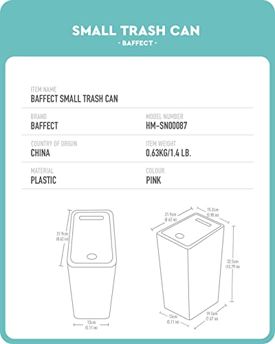 Baffect Small Pink Trash Can with Lid for Bathroom, Dorm (2.1 Gal, Plastic) | Lidded Waste Basket For Office, Slim Garbage Can For Girl Bedroom, Cute Pink Essentials For Nursery Room