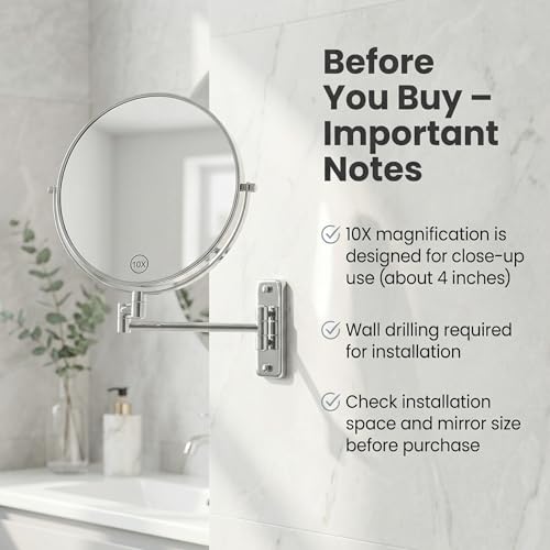 8 inch Wall Mounted Makeup Mirror, 1X/10X Magnifying Double-Sided Wall Mount Shaving Mirror (Close-Up 10X) with Extendable Arm, 360° Swivel for Bathroom Vanity, Chrome (No Light) - color: Chrome