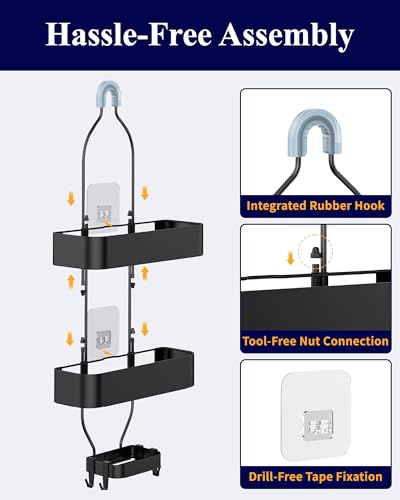 Kitsure Shower Caddy Hanging, No-Drill Bathroom Shelves, Black, 28.5" H | Bathroom Organizers and Storage, Wobble-Free Shower Organizer with Adhesive Tapes, Rust-Proof Shower Storage for Toiletries