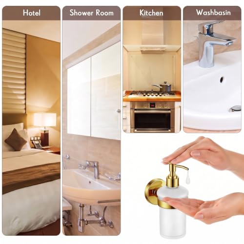 1 Pack Hand Soap Dispenser Wall Mount Bathroom Glass Soap Dispenser Pump Bottle with Stainless Steel Pump for Kitchen Bathroom Countertop (Gold) - color: Gold