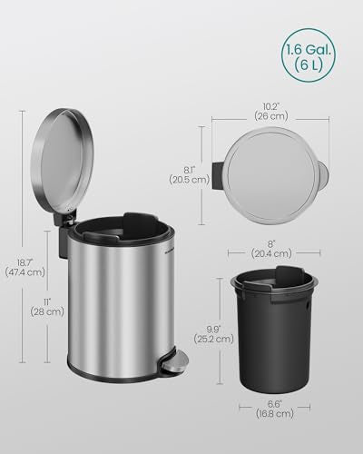 SONGMICS Bathroom Trash Can, 1.6 Gallon (6 L) Small Toilet Garbage Bin with Lid, Soft-Close, Stainless Steel, Pedal, Inner Bucket, Bedroom, Metallic Silver ULTB016EZ01 - color: Metallic Silver