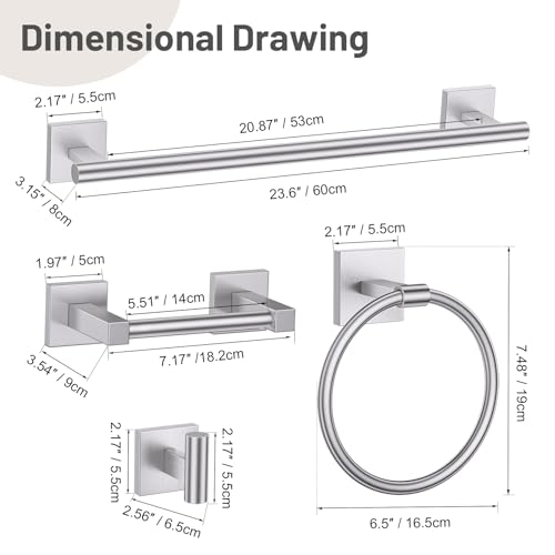 Lairuier Brushed Nickel Bathroom Accessories, Towel Bar Set Wall Mounted | 5 Pieces Bathroom Hardware Set, SUS304 Stainless Steel Double Base 23.6" Towel Bar, Towel Ring, Toilet Paper Holder & Hooks - color: Brushed Nickel, size: 5 Pieces - Double Base