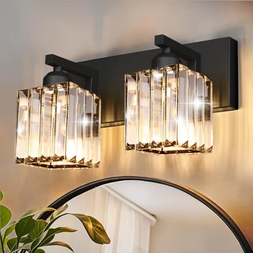 Black Crystal Bathroom Vanity Light, 2-Light Modern Bathroom Lighting Fixtures Over Mirror, Matte Black Wall Sconce with Square Shade - color: Black-Square Shade, size: 2-LIGHT