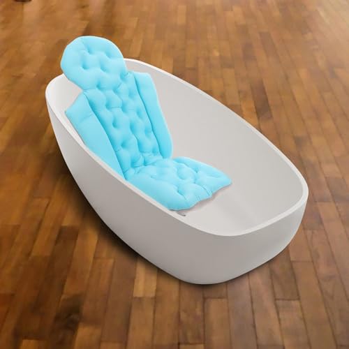 Ciieeo Adult Bath Cushion and Non-Slip Bathtub Mat with Suction Cups, Full Body Bath Pillow Headrest for Neck and Back Support, Blue for Relaxing Bathtub Use