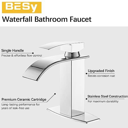 Bathroom Faucet 1 Hole Waterfall Vanity Sink Faucet Polished Chrome | One Hole Bathroom Sink Faucet, Square Single Handle, 6 Inch Deck Plate For 3 Hole, Supply Line, Pop-up Drain,Fits RV Restroom - color: Polished Chrome, style: Short - With Pop Up Drain