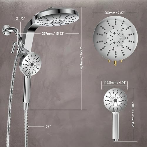 High Pressure Rain Showerhead Combo, Magnetic Shower Head Set with Detachable 8-Mode Handheld Shower Spray, Adjustable Angle Dual Showerhead with Built-in Magnetic Docking, Power Jets Brushed Nickel - color: Brushed Nickel