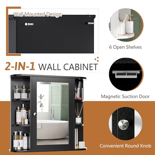 Bathroom Mirror Cabinet Wall Mounted, Bathroom Medicine Cabinet with Mirror and 6 Open Shelves, Modern Wall Cabinet, Black - color: Black