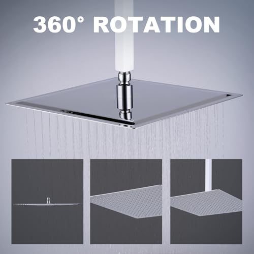 Shower Head, 16 Inch High Pressure Flow Rainfall Shower, Square Ultra Thin Waterfall Bath Showerhead with Silicone Nozzle and Adjustable Metal Swivel Ball Joint, Stainless Steel, Polished Finish