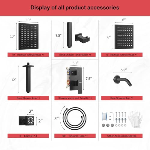VANFOXLE Shower System, Matte Black Shower Faucet Set, Four Modes | 10 Inch Ceiling Mount Head Increased Thick, 6 Inch Second Head, 2-in-1 Handheld Combo, 4 PCS Dual Mode Body Jets, Brass Valve - color: Matte Black