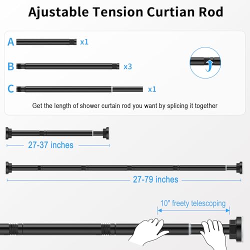Shower Curtain Rod 27-79 Inches, Adjustable Tension Shower Rod No Drilling, No Slip, Spring Tension Curtain Rod for Bathroom Kitchen Closet Windows - Black - color: Black