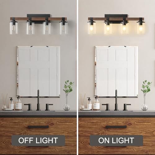 Bathroom Vanity Light Fixtures 4 lights Wooden Farmhouse Vanity Lights | Rustic Bathroom Lights over Mirror with Clear Glass Shade Black Industrial Wall Sconce for Bathroom Bedroom Hallway - color: Antique Wood 4Light