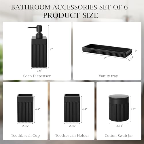 6-Piece Black Bathroom Set - Sleek Resin Organizer with Soap Dispenser, Toothbrush Holder, Vanity Tray, Tumbler & Apothecary Jars for Small Spaces - color: Black