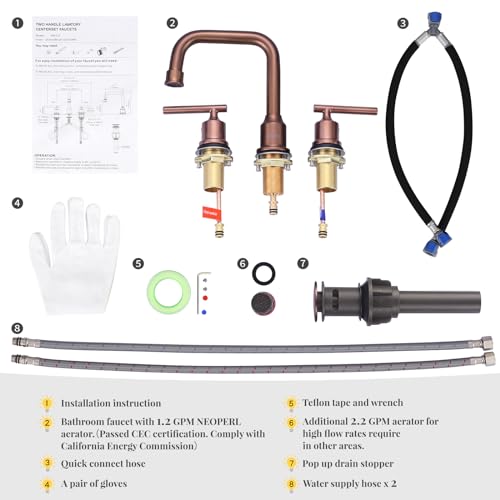 WOWOW Rose Gold Bathroom Faucet 3 Hole, Widespread Vanity Sink Faucets | Copper Inlet 8 Inich Faucet for Bathroom Sink with Swivel Spout, 2 Handles Lavatory Tap with Drain and cUPC Supply Line - color: Rose Gold, style: Upgrade-8 Inch