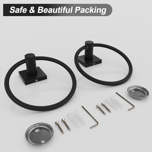 BGL Towel Ring Black Matte Modern Hand Towel Ring 2 Packs for Bathroom Wall Mounted Bathroom Towel Holder Bathroom Towel Rack - color: Matte Black, size: SQUARE