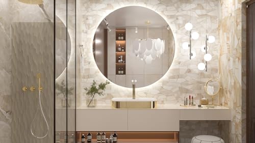 Keonjinn 40 Inch Large Round LED Mirror with Backlit, Safe Tempered Glass | Oversized, 3000K/4500K/6000K, Safe Defogging, Dimmable, Memory Function, Hardwired/Plug in, French Cleat Installation, Salon - size: 40"L x 40"W