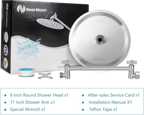 NearMoon Rain Shower Head with 11'' Adjustable Arm, High Pressure Stainless Steel Rainfall Shower, Ultra-Thin Design - Pressure Boosting (8 Inch, Nickel) - color: Nickel, size: 8 Inch
