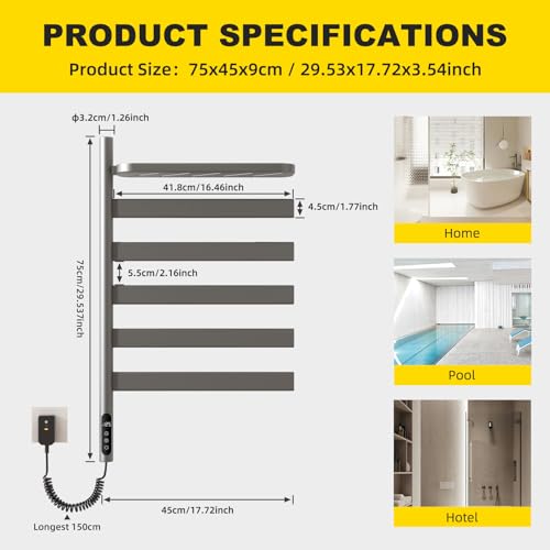 Electric Heated Towel Rack with Storage Rack, Rotating Towel Warmer Wall Mounted Drying Rack,Stainless Steel Towel Warmer 5 Bars with Built-in Timer, Plug-in or Hardwired,Grey - color: Grey