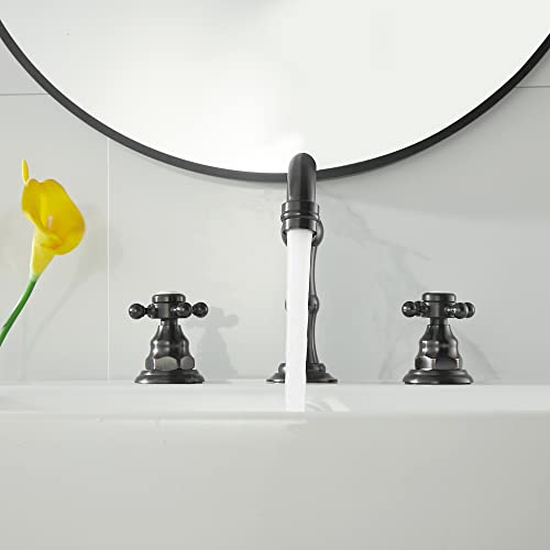 2 Handles 3 Holes Faucet Widespread Bathroom Sink Faucet Oil Rubbed Bronze Basin Tap Mixer Supply Hose Included Matching Pop Up Drain - color: Bronze, style: Ceramic Cover