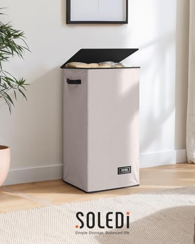 SOLEDI Slim Laundry Hamper with Lid, Narrow Laundry Basket with Removable Bags, Dirty Clothes Hamper with handle, Small Hamper perfect for Laundry room, Bathroom, Bedroom, Small spaces.Light taupe - color: Light taupe, size: 70L