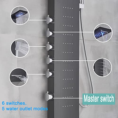 Split Shower Panel Tower System, Stainless Steel 5 in 1 Shower Column with LED Rainfall Waterfall Shower Head, Water Temperature Display and Body Jets,Black - color: Black
