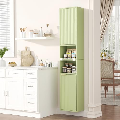 AKMAKM 59.1" Tall Slim Bathroom Storage Cabinet Green | Freestanding or Wall Mounted Modular Cabinet, Fluted Panel Linen Tower with Adjustable Shelves for Small Spaces - color: Green