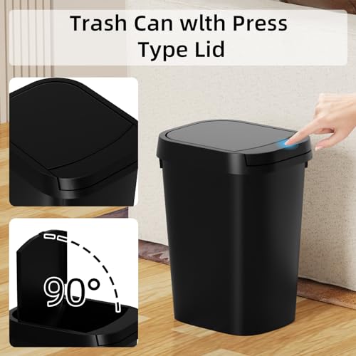 KSSKSS 3 Pack Bathroom Small Trash Can with Lid, 2.6 Gallon Slim Garbage Bin with Pop-Up Lid, 10L Plastic Wastebasket for Bedroom, Office, Kitchen, Toilet (Black) - color: Black