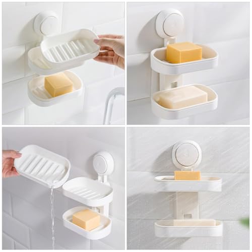 TOYANDONA Double Layer Plastic Soap Holder with Suction Cup Wall-Mounted Soap Draining Tray for Bathroom Shower Suitable for Wall Mount