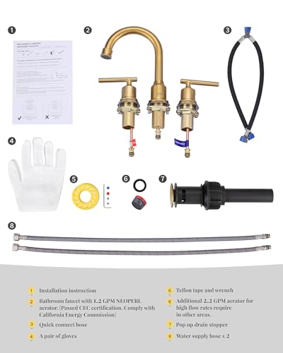 WOWOW Gold Bathroom Faucet 3 Hole Bathroom Sink Faucet Widespread Vanity Faucet 2 Handle Brass Basin Faucet with Pop Up Drain 8 Inch Mixer Tap Antique - color: Brushed Gold, size: Widespread