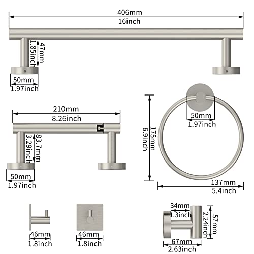 RARXTR 6 PCS Bathroom Hardware Set, Including 16" Hand Towel Bar, Toilet Paper Holder, Towel Ring, Robe Towel Hooks, Bathroom Accessories Kit (Brushed Stainless Steel) - color: Brushed Nickel, size: 6-Piece